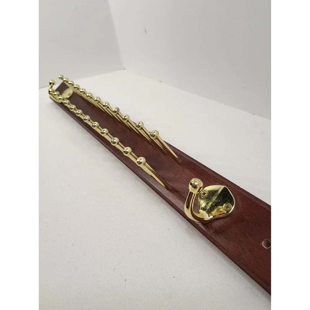 Wooden Tie and Belt Rack Wall Mount 20 Pegs 2 Hooks Mahogany Gold Tone Organizer